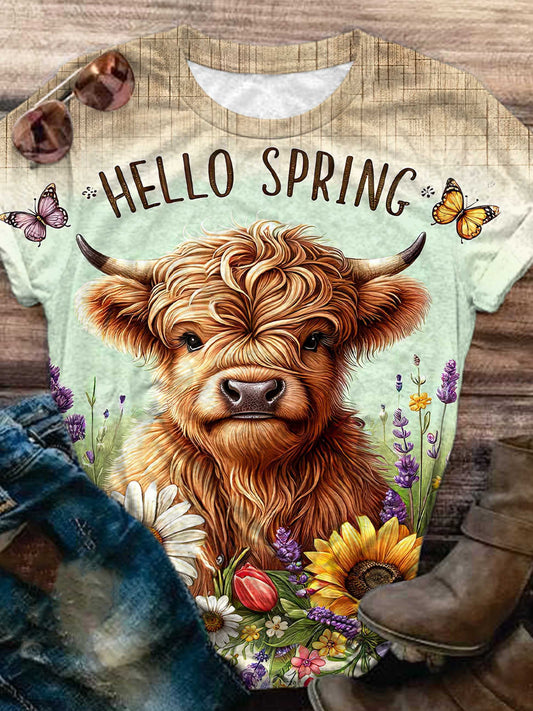 Hello Spring Cute Highland Cow Print Crew Neck T-Shirt