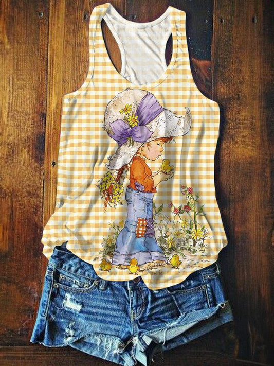 Women's Cartoon Girl Illustration Plaid Floral Print Casual Vest