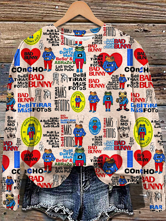 Concho Frog Puerto Rican Printed Long Sleeve Casual Top