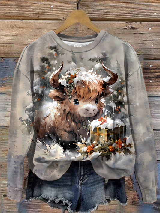 Women's Winter Highland Cow Print Round Neck Long Sleeve Top