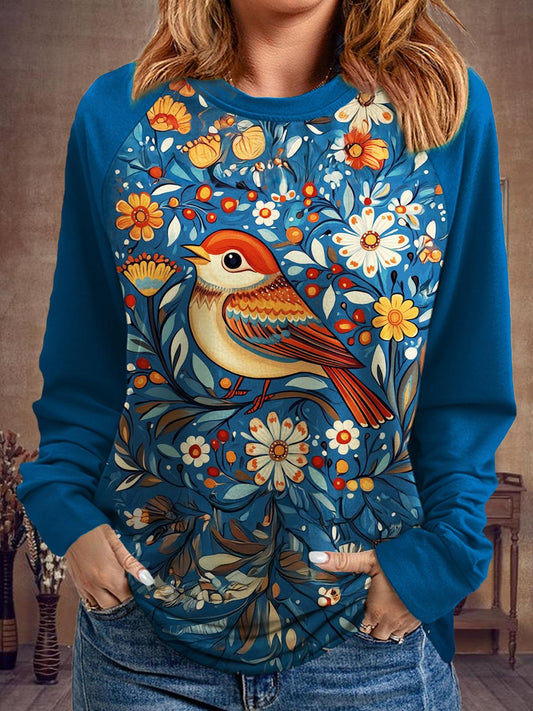 Women's Vintage Flowers And Birds Long Sleeve Casual Top