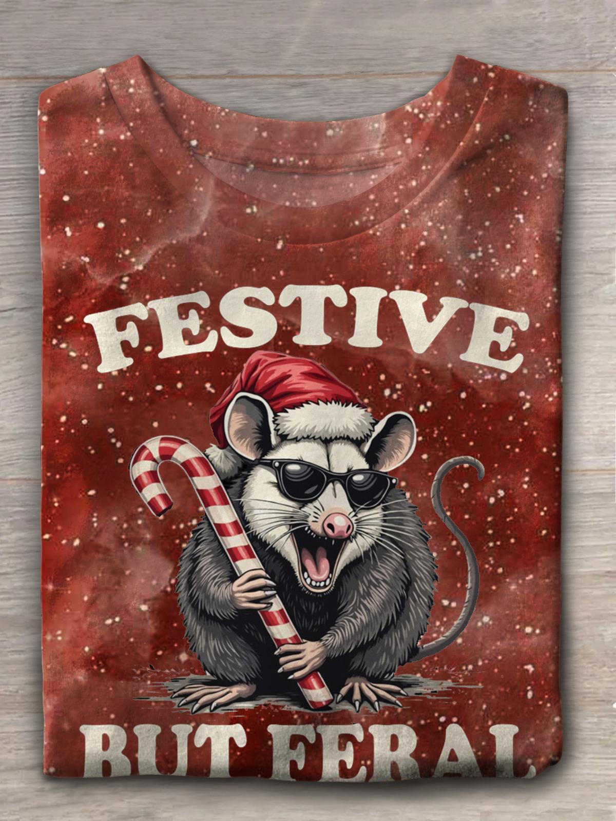 Festive But Feral Possum Fun Vintage Print Casual T-shirt