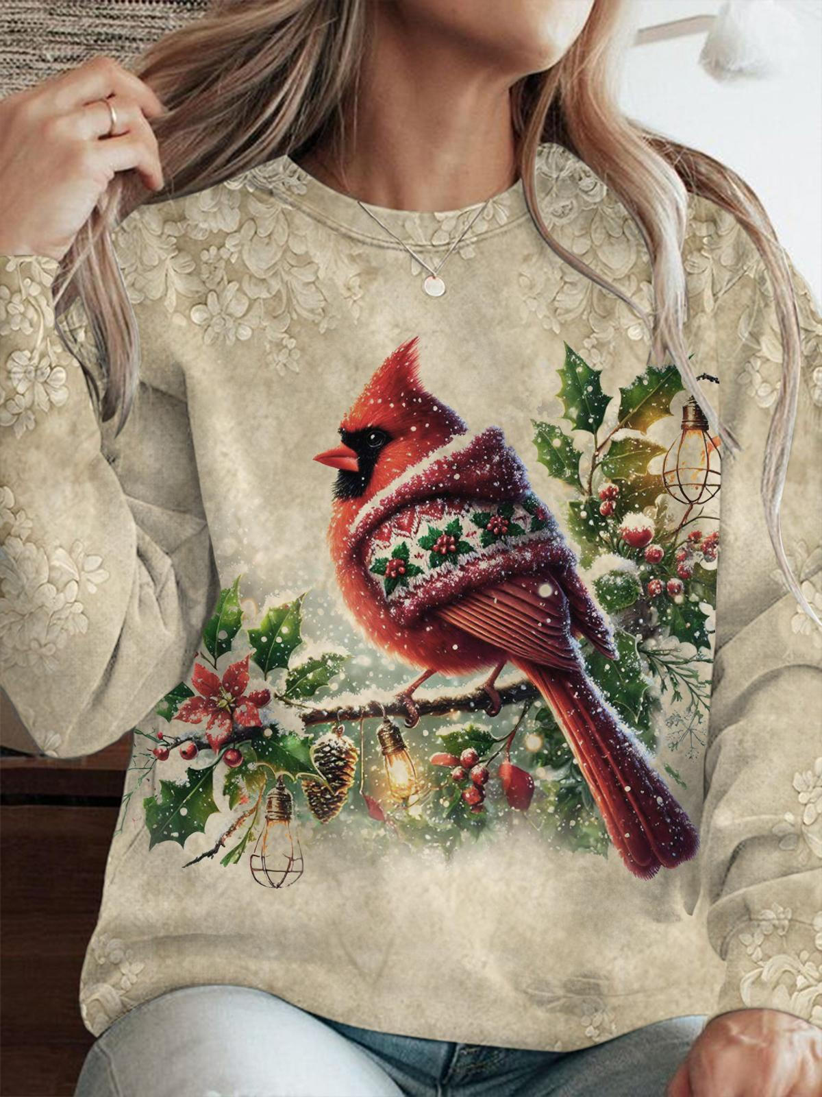 Women's Cardinal Wearing Christmas Sweater Vintage Casual Sweatshirt