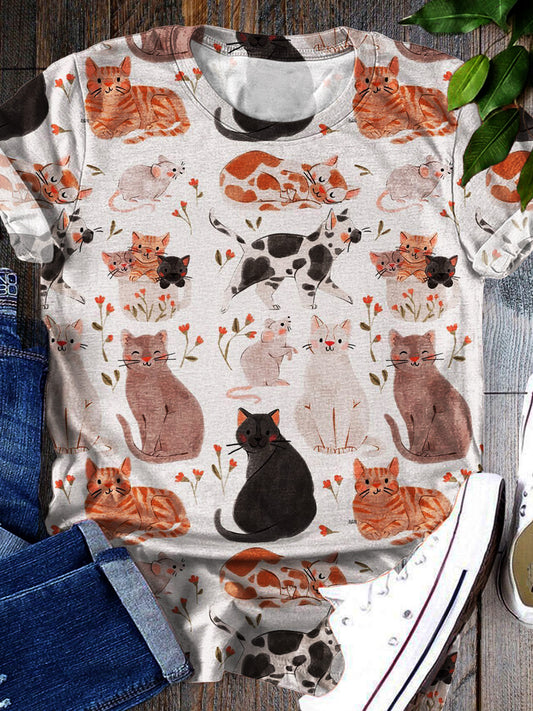 Cat And Mouse Fun Vintage Iillustration Print Casual T-shirt