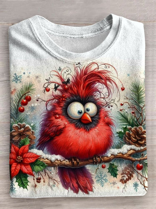 Funny Christmas Red BIrd Crew Neck T-shirt