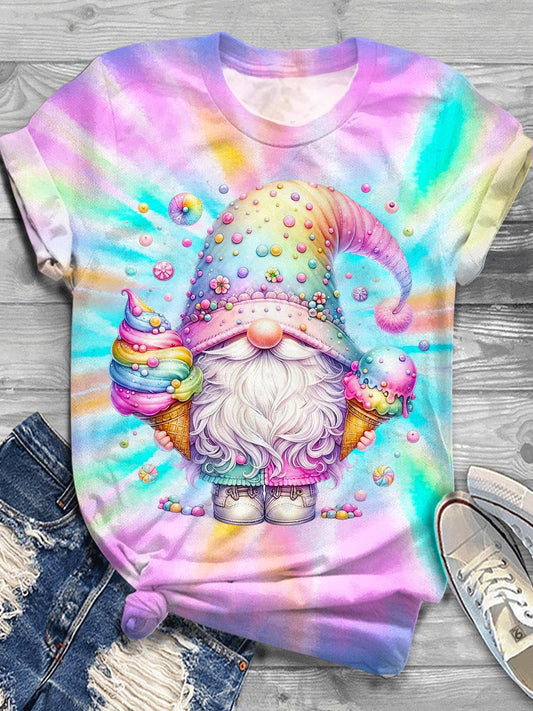 Summer Colorful Tie-Dye Gnome Crew Neck T-shirt