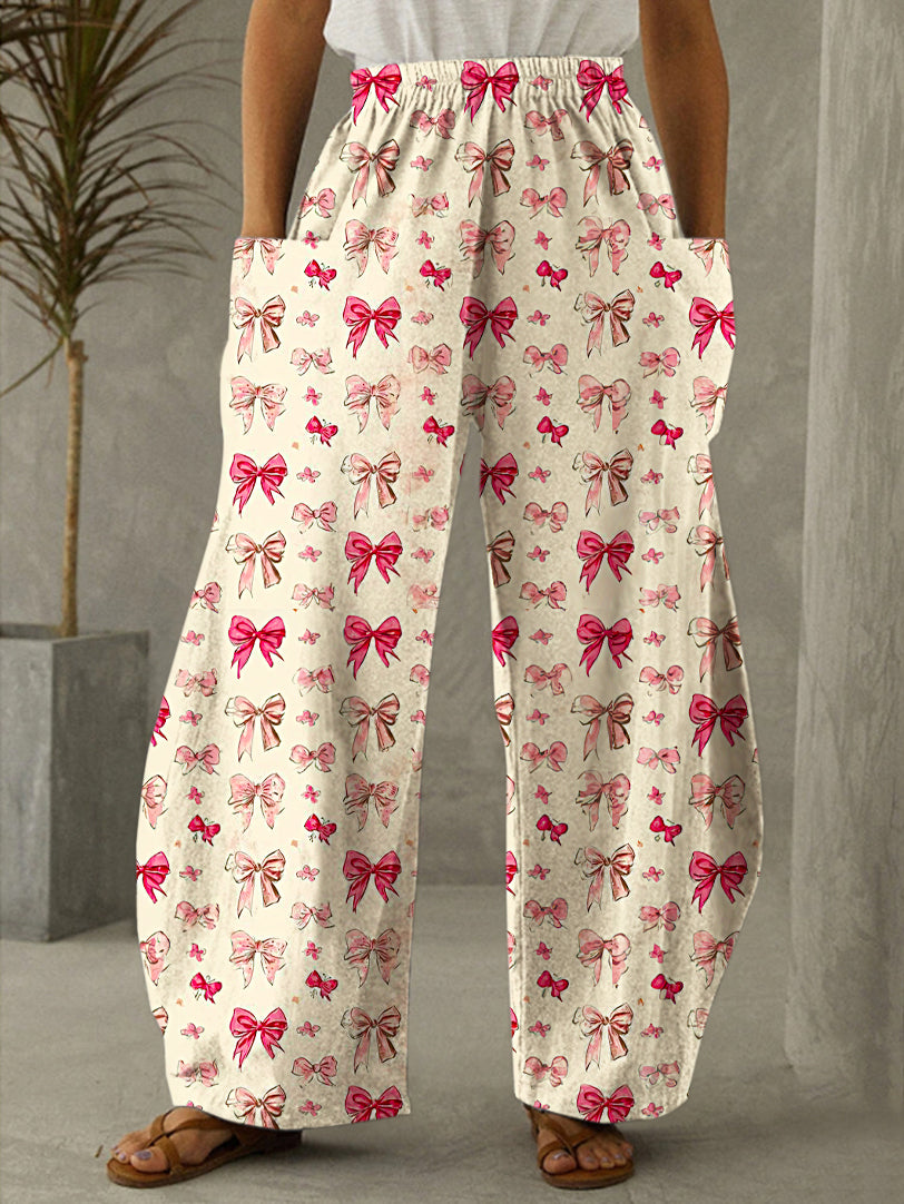 Women's Vintage Valentine's Day Bow Print Casual Pants