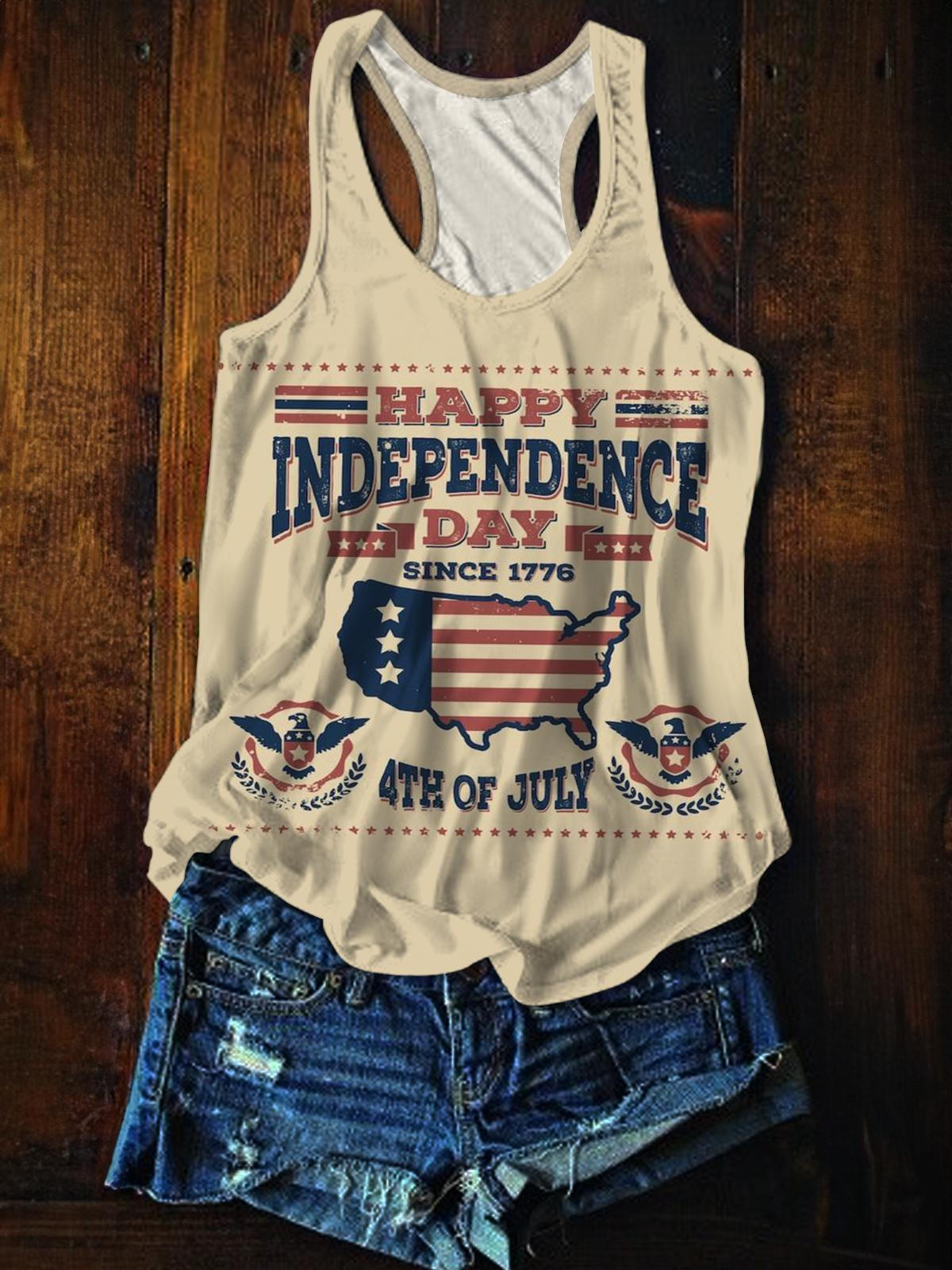 Happy Independence Day Printed Casual Tank Top