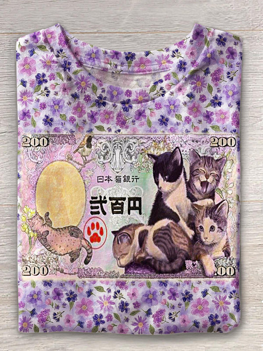 Retro Floral Cute Cat Money Print Crew Neck T-shirt