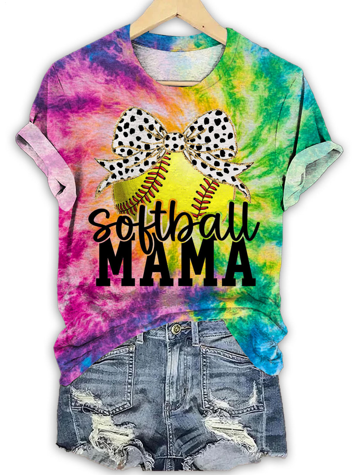 Softball Mama Bow Tie Dye Print T-shirt