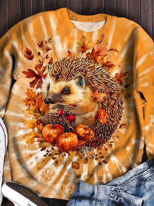 Women's Fall Hedgehog Harvest Autumn Leaves Print Casual Top