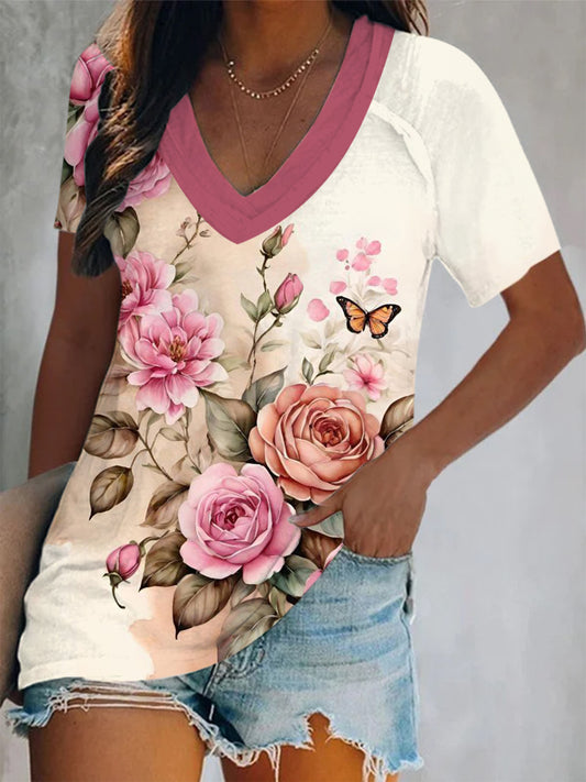 Vintage Rose Butterfly Short Sleeve V Neck Print Top
