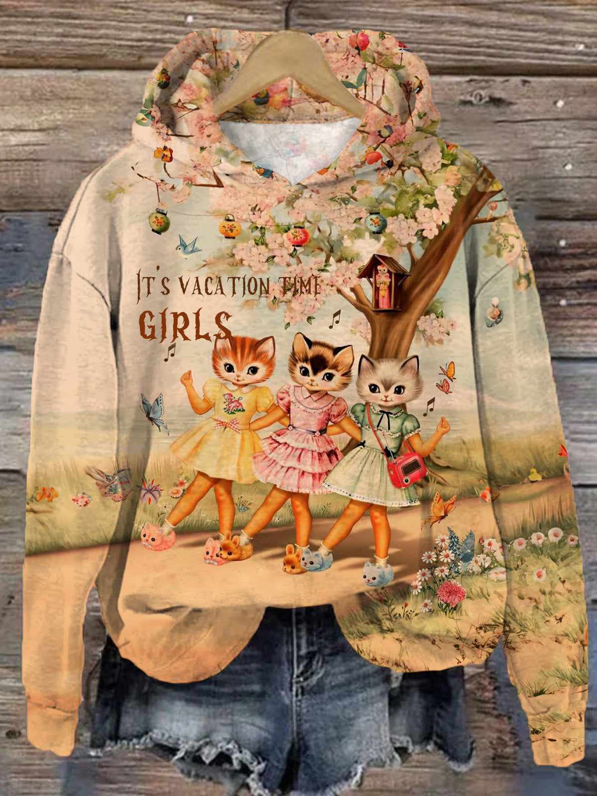 Women's It's Vacation Time Girls Cat Print Casual Hooded Long Sleeve Top