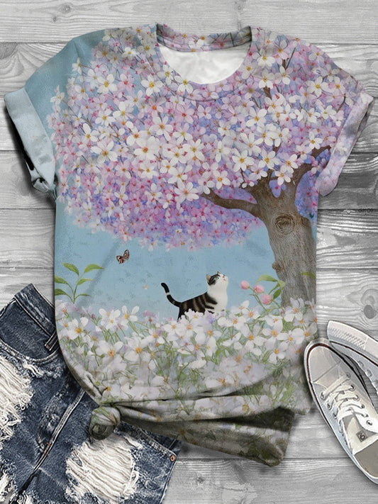 Summer And Spring Floral Fairy Tale Cat Fun Print T-shirt