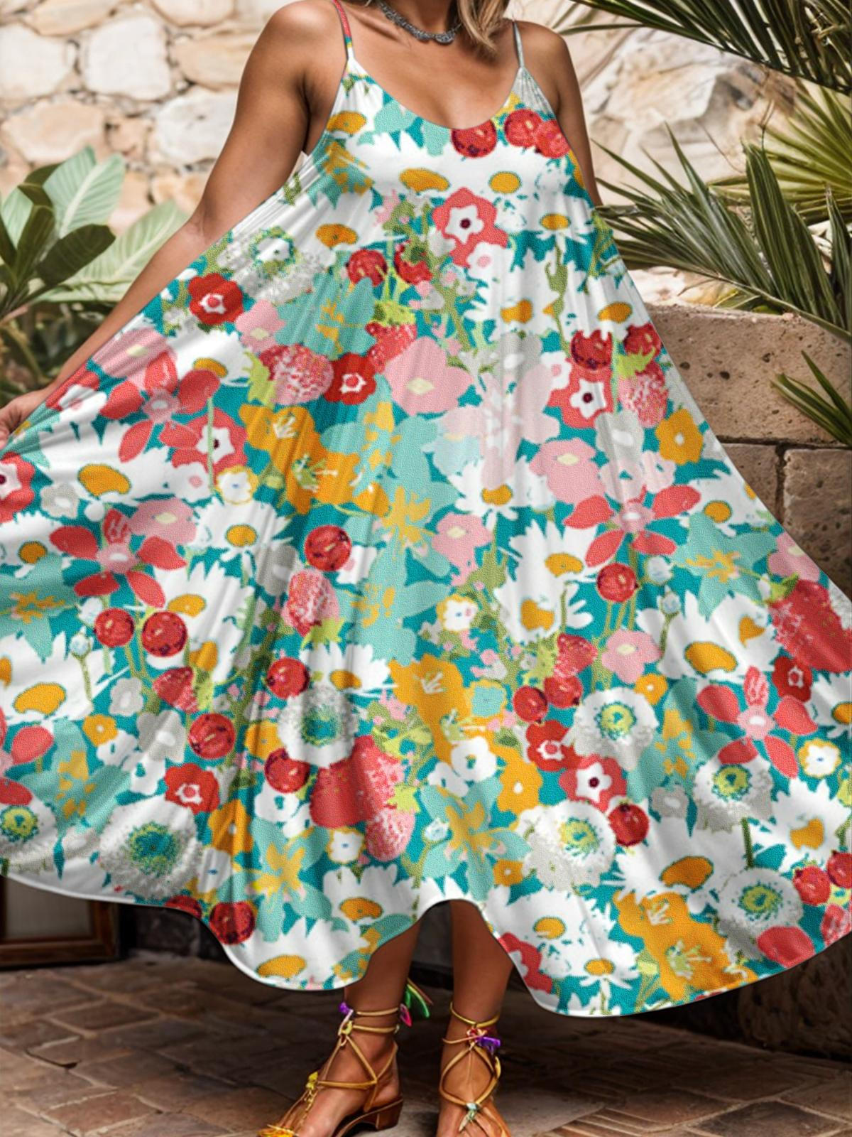 Colorful Wildflower Printed Casual Spaghetti Strap Dress