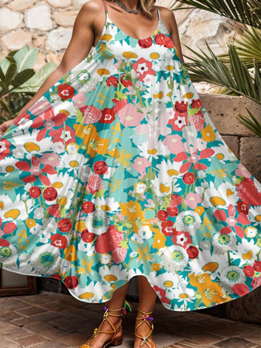 Colorful Wildflower Printed Casual Spaghetti Strap Dress