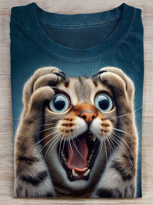 Women's Vintage Surprised Kitten Print Crew Neck T-shirt