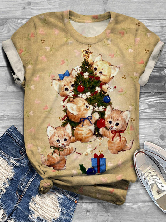 Women's Cute Cat Christmas Vintage Print T-Shirt