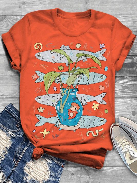 Funny Genie In A Bottle With Cute Fish Illustration PrintP T-shirt