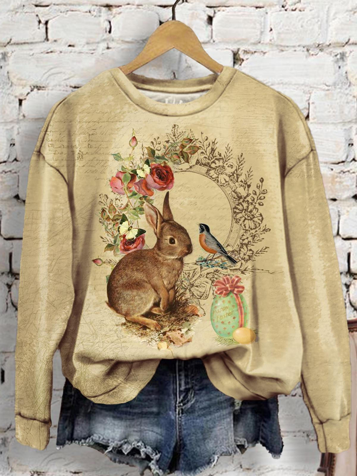 Women's Rabbit Bird Floral Vintage Print Long Sleeve Top