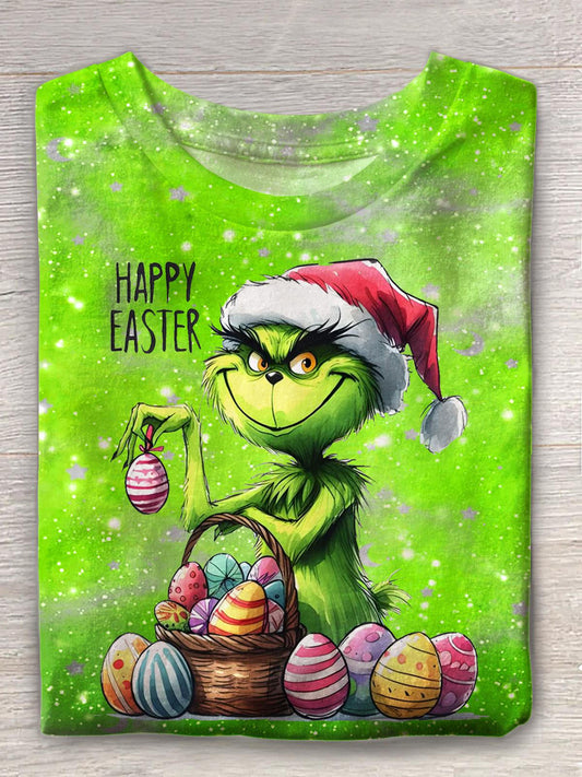 Cute Retro Easter Print Crew Neck T-shirt