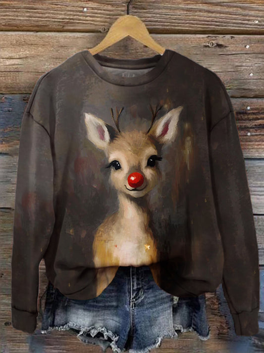 Women's Christmas Cute Elk Hand Painted Print Long Sleeve Top