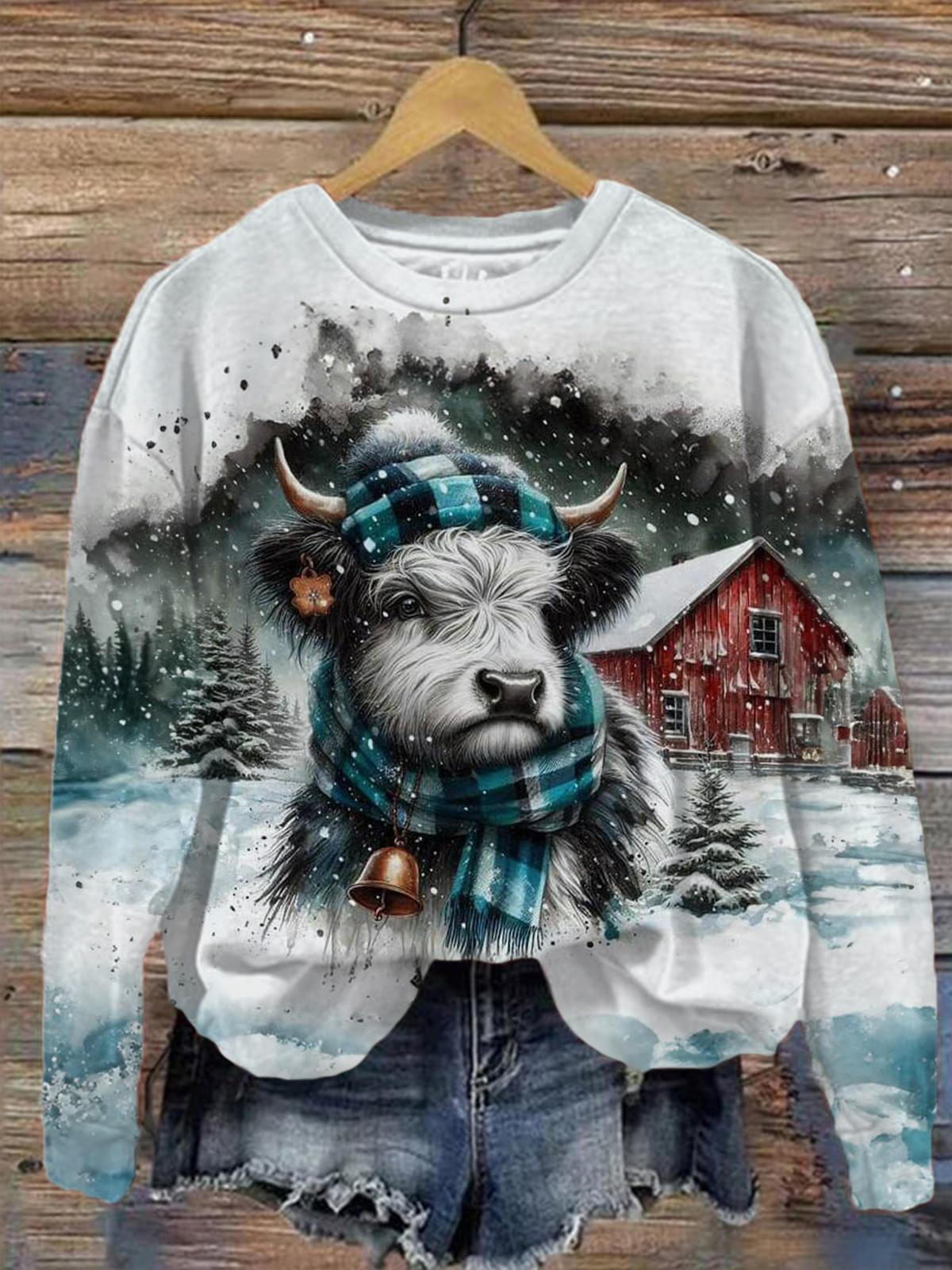 Cow wearing hat and scarf Printed Long Sleeve Casual Top