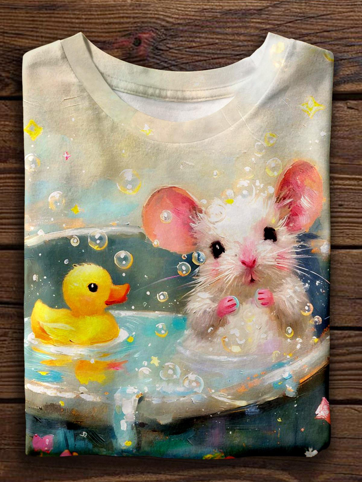 Mouse And Duck Taking A Bath Crew Neck T-shirt