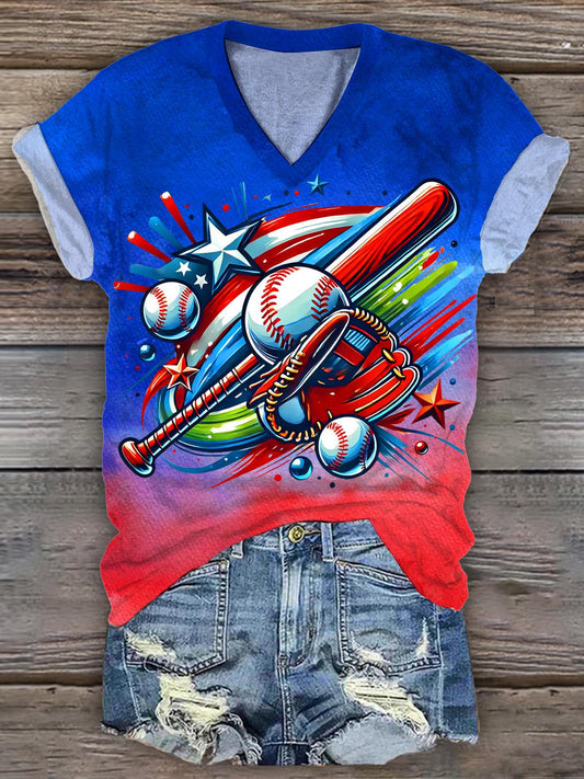 Women's Baseball V-Neck Short Sleeve T-Shirt