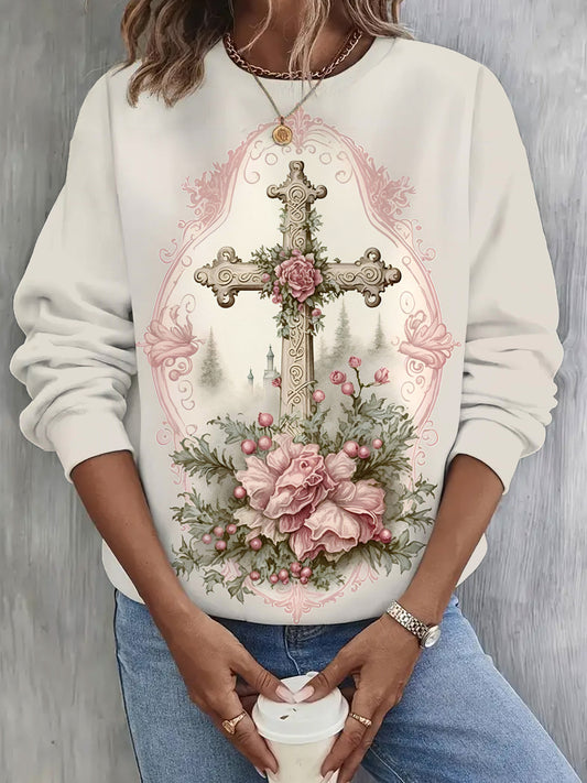 Christmas Cross Print Long Sleeve Casual Top