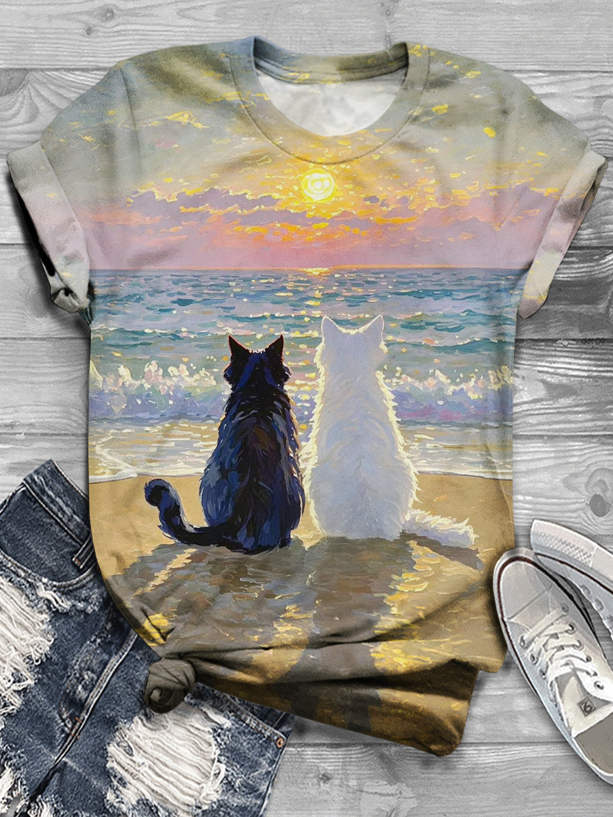 Cute Cat Companion Friendship Sunset Leisure Vacation Print T-shirt