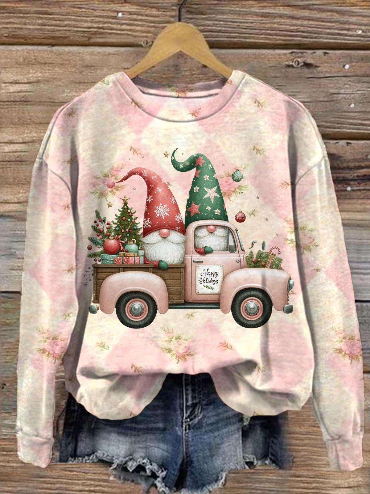 Gnome Friends Christmas Car Printed Long Sleeve Casual Top