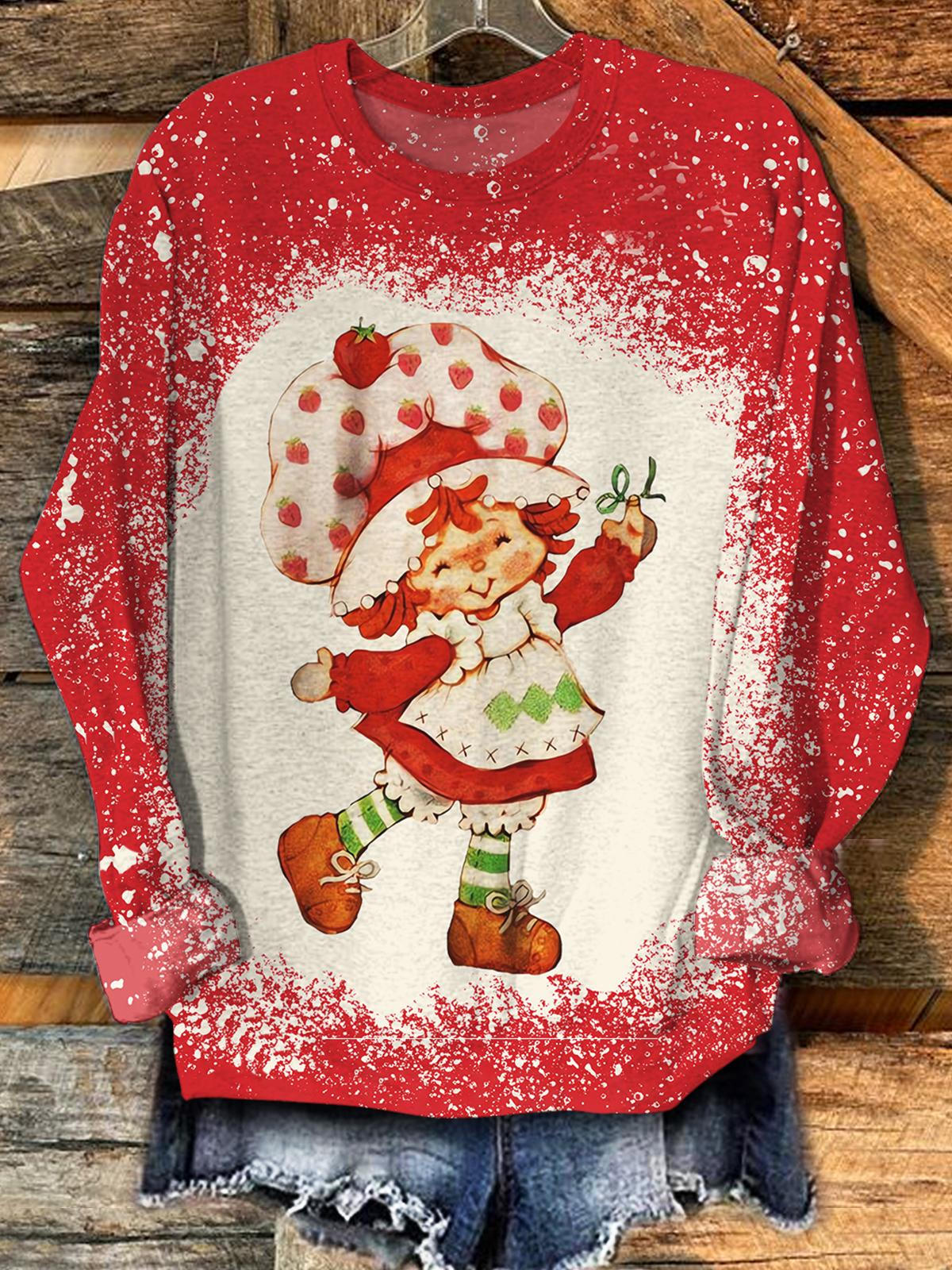 Strawberry Shortcake Print Round Neck Long Sleeve Top