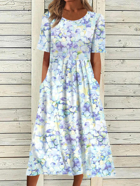 Floral Side Pockets Crew Neck Short Sleeves Dress