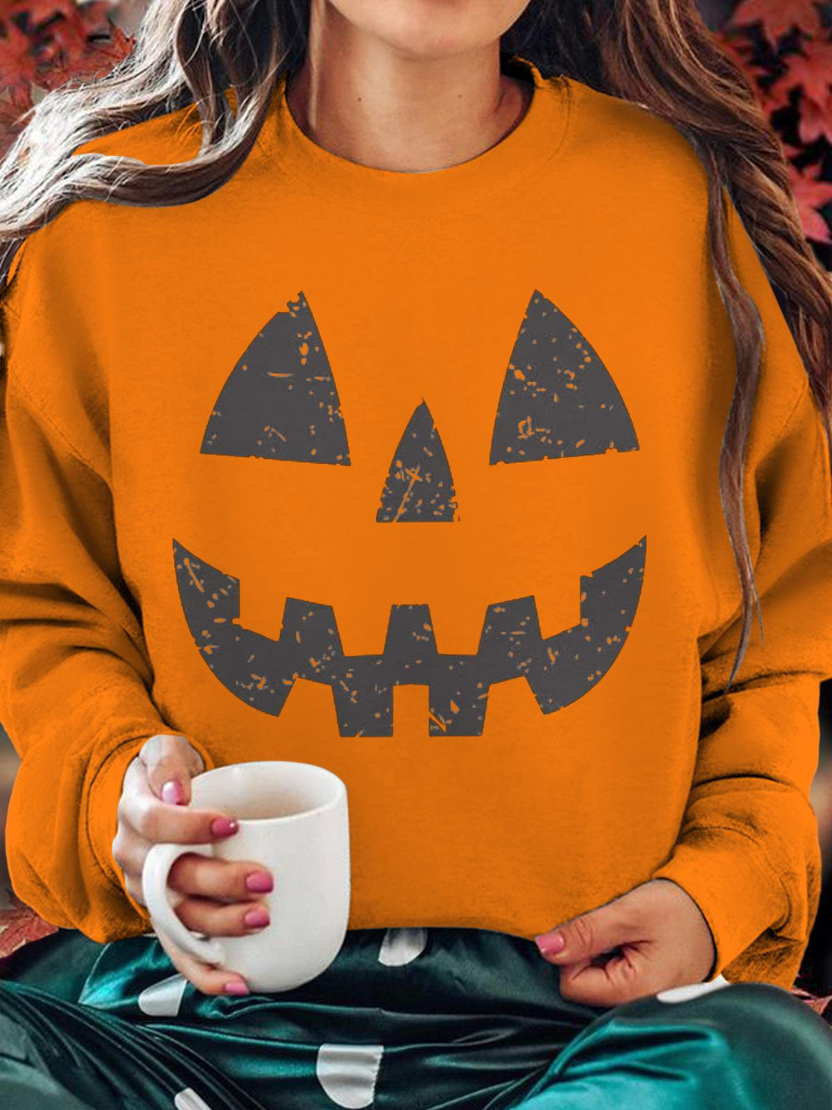 Women's Pumpkin Face Round Neck Long Sleeve Top