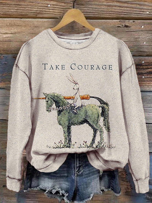 Take Courage Funny Rabbit and Horse Print Casual Long Sleeve Top