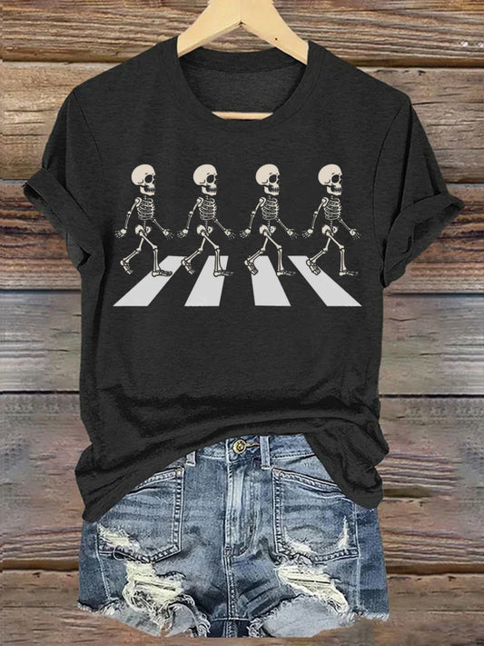 Funny Skeleton Crosswalk Halloween Crew Neck T-shirt
