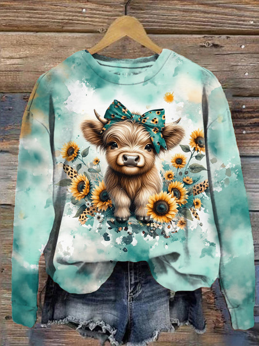 Women's Cow Retro Sunflower Print Long Sleeve Top