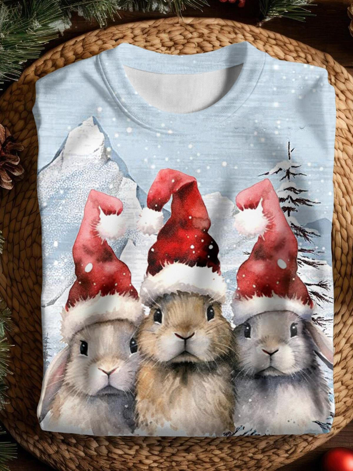 Women's Christmas Snow Mountain Rabbit Print Crew Neck Casual Sweatshirt