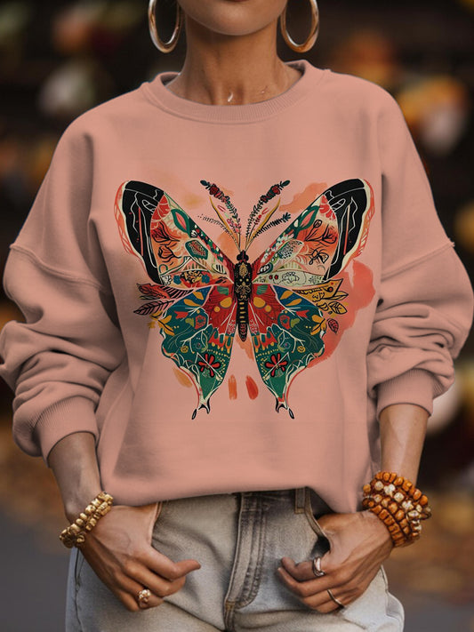 Women's Retro Pink Butterfly Crew Neck Casual Sweatshirt