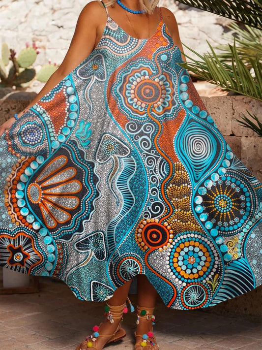 Sea Shell Circular Mandalas Printed Casual Spaghetti Strap Dress