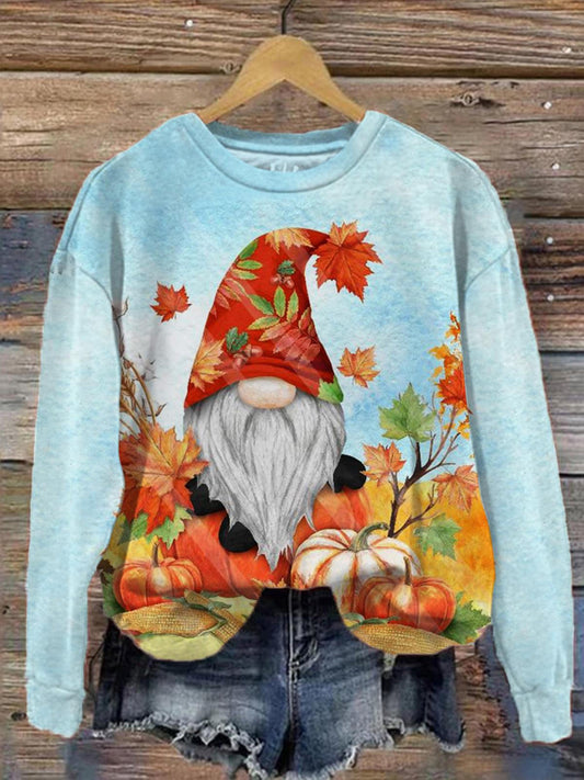 Women's Fall Gnome Print Round Neck Long Sleeve Top