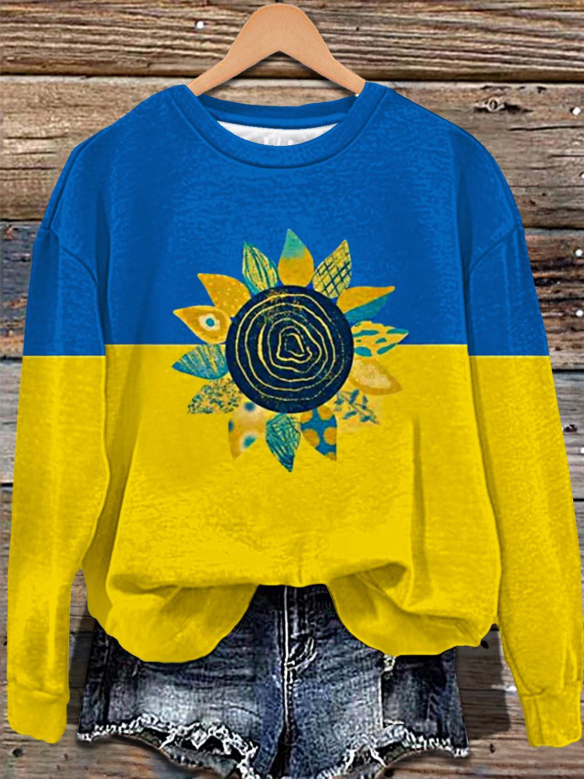 Blue And Yellow Sunflower Printed Long Sleeve Casual Top