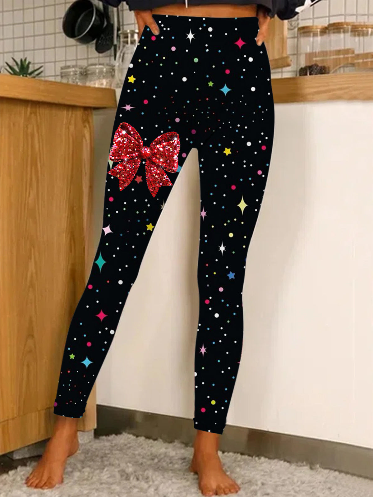 Women's Star And Bow Print Stretch Leggings