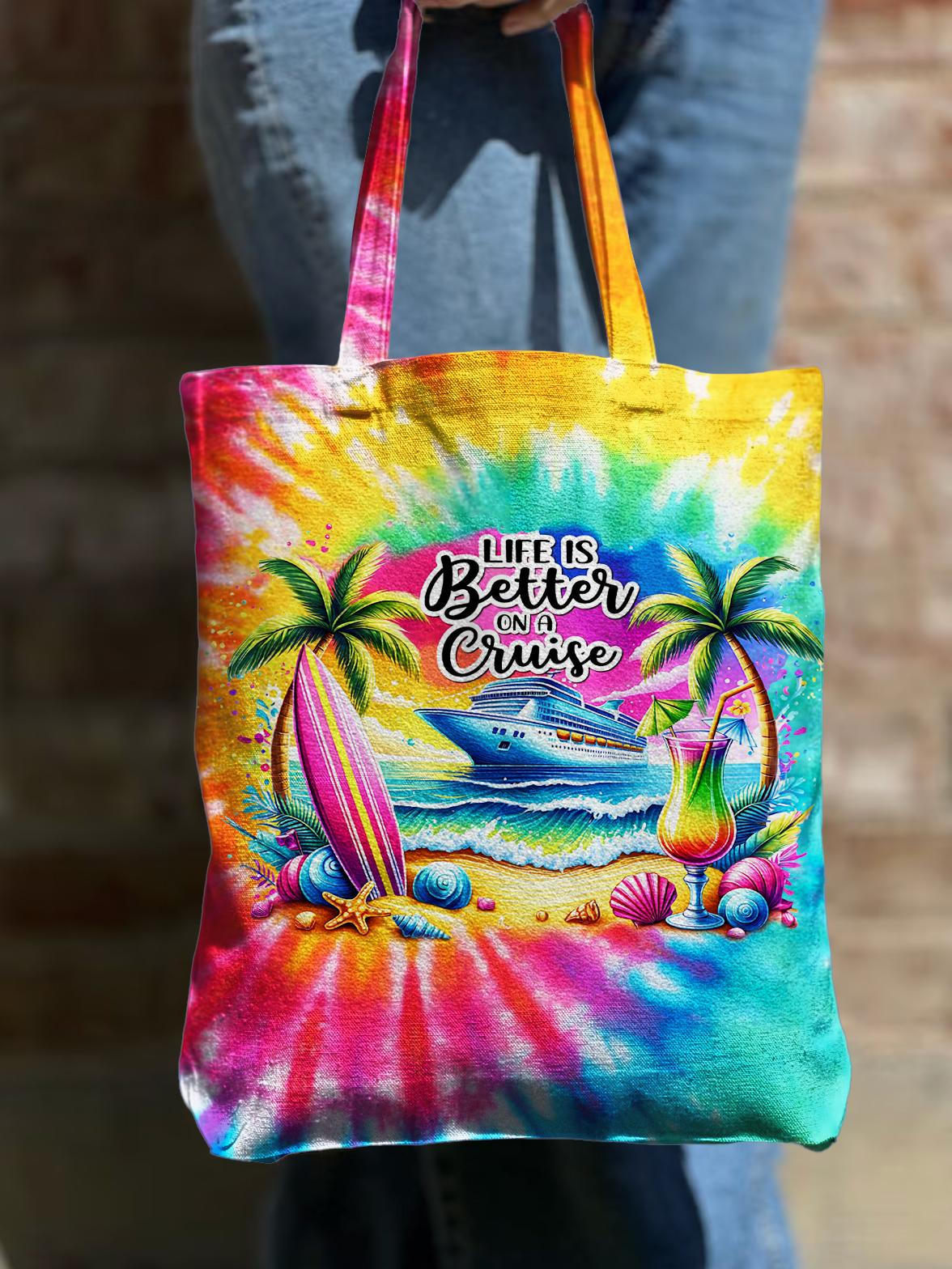 Life Is Better on A Cruise Color Tie Dye Shoulder Zipper Canvas Bag