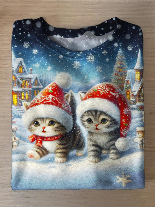 Women's Christmas Cartoon Kitten Printed Long Sleeve Casual Top