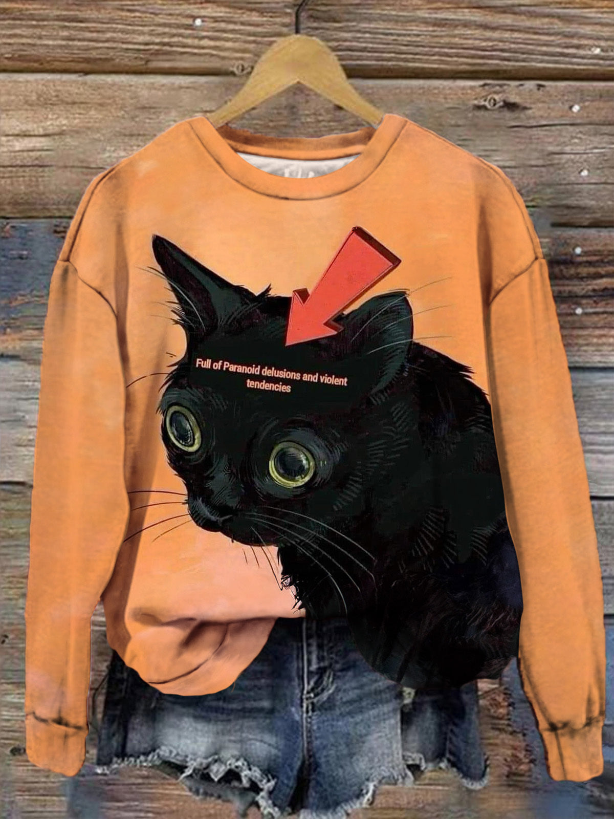 Women's Full Of Paranoid Cute Cat Print Casual Long Sleeve Top