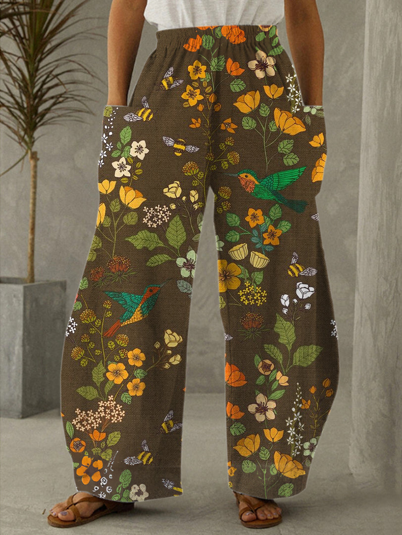 Hummingbirds and Bees Autumn Fall Print Casual Pants