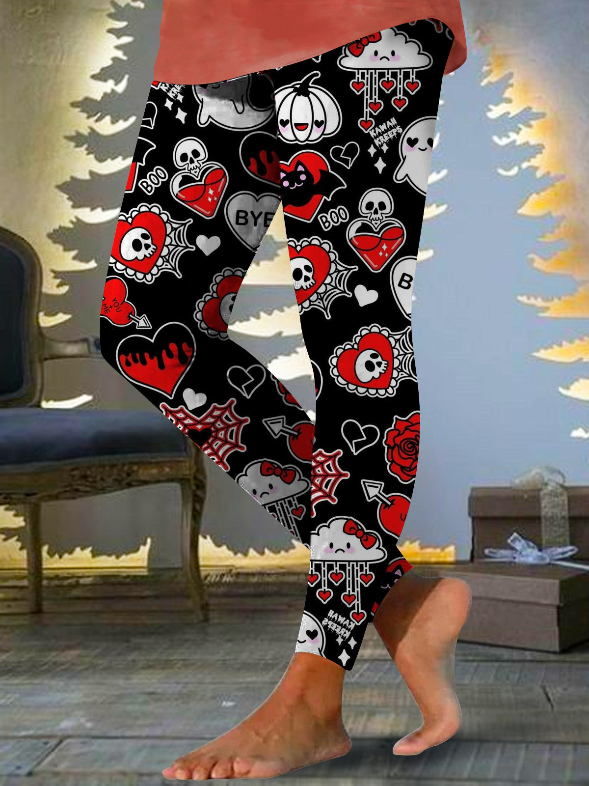 Women's Halloween Heart Skull Print Leggings