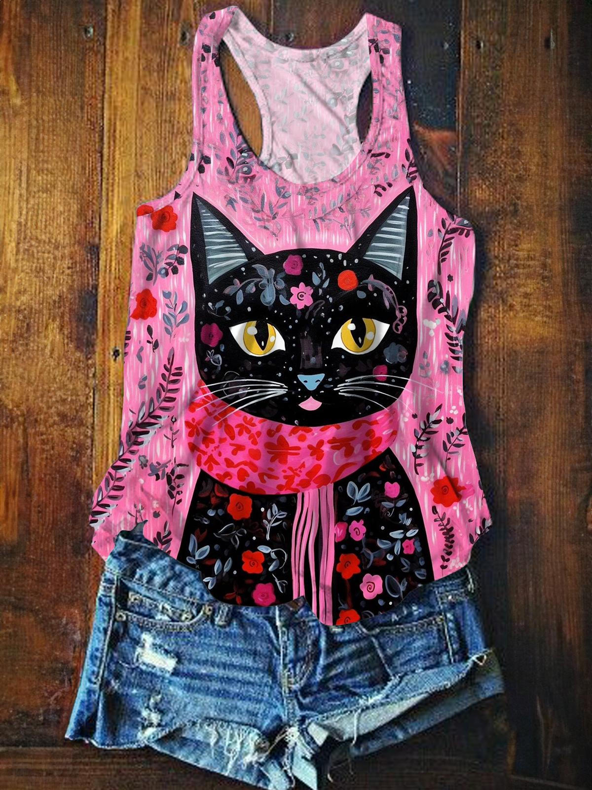 Women's Summer Cute Cat Floral Print Sleeveless Tank Top